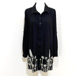 Simon Chang Black Button Dress Tunic Top Floral Embroidered & Beaded Size 10